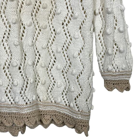 Vintage 90s Express Tricot Sweater Medium Cream Open Knit Crochet Pom Cottage - Picture 4 of 5